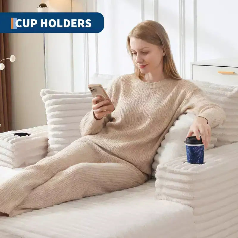 64 Oversized Corduroy Chaise Lounge Chair, Boneless Sleeper Sofa Bed Couch with Cup Holders & 2 Pillows, No Assembly Required