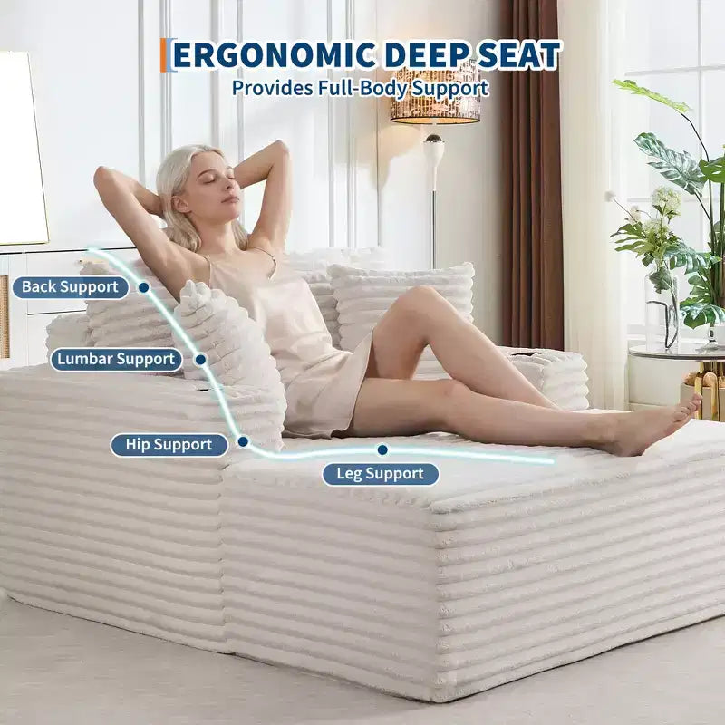 64 Oversized Corduroy Chaise Lounge Chair, Boneless Sleeper Sofa Bed Couch with Cup Holders & 2 Pillows, No Assembly Required