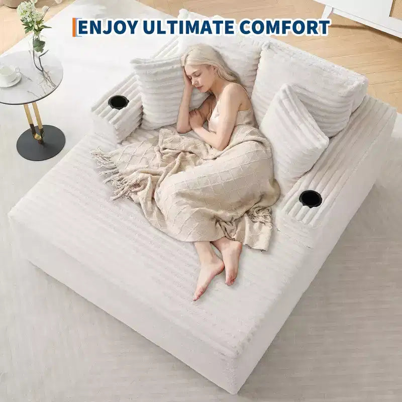 64 Oversized Corduroy Chaise Lounge Chair, Boneless Sleeper Sofa Bed Couch with Cup Holders & 2 Pillows, No Assembly Required