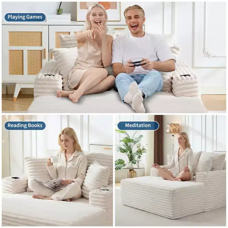 64 Oversized Corduroy Chaise Lounge Chair, Boneless Sleeper Sofa Bed Couch with Cup Holders & 2 Pillows, No Assembly Required