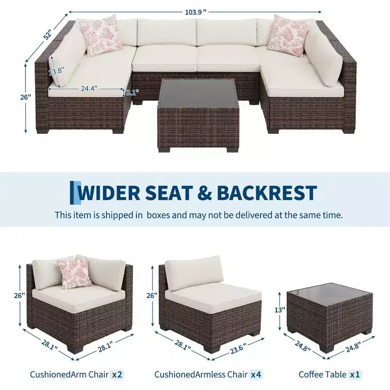 7-Piece Patio Sectional Sofa Set  Iron Frame, Brown Gradient Wicker, Beige Cushions  Outdoor Conversation Set with Storage Table & Ottoman
