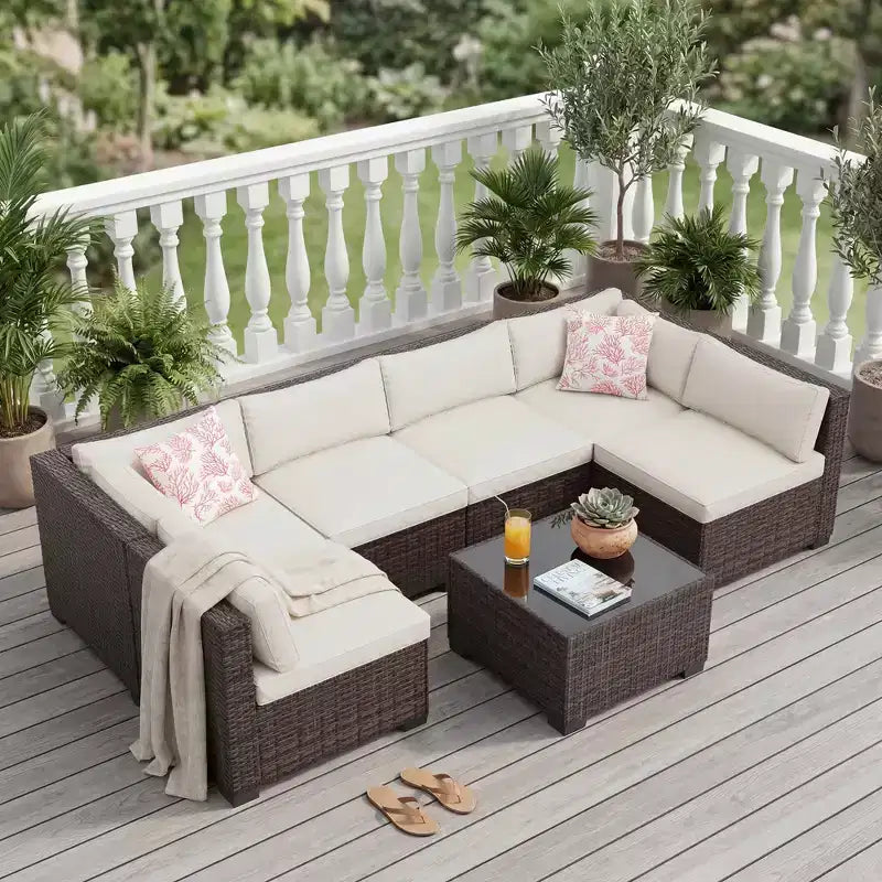 7-Piece Patio Sectional Sofa Set  Iron Frame, Brown Gradient Wicker, Beige Cushions  Outdoor Conversation Set with Storage Table & Ottoman