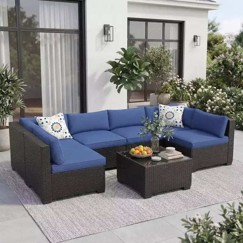 7-Piece Patio Sectional Sofa Set  Iron Frame, Brown Gradient Wicker, Beige Cushions  Outdoor Conversation Set with Storage Table & Ottoman