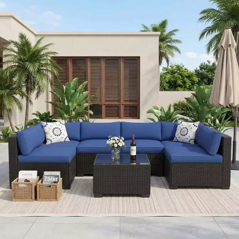 7-Piece Patio Sectional Sofa Set  Iron Frame, Brown Gradient Wicker, Beige Cushions  Outdoor Conversation Set with Storage Table & Ottoman