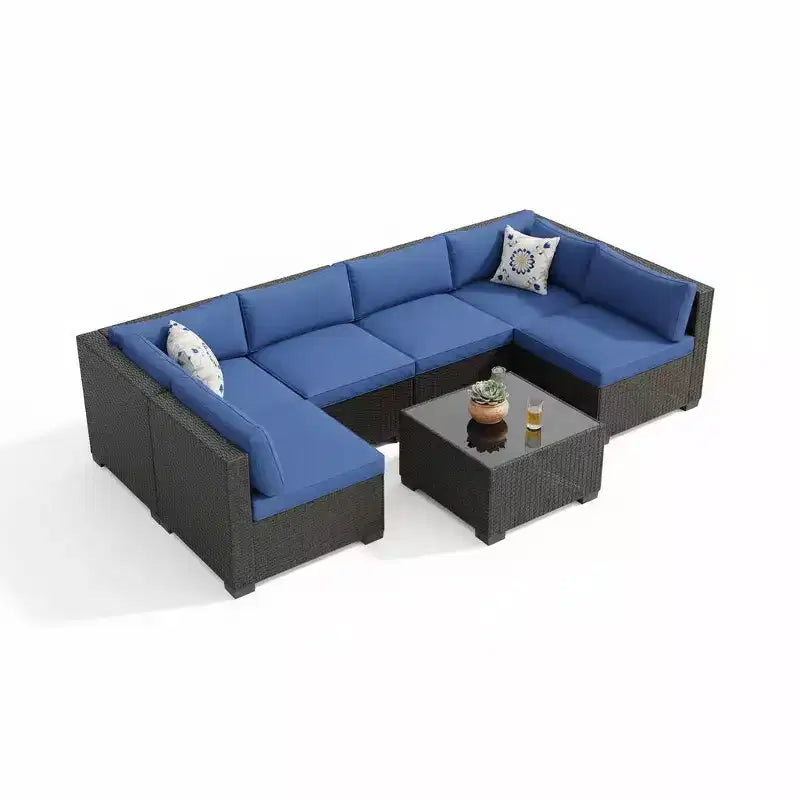 7-Piece Patio Sectional Sofa Set  Iron Frame, Brown Gradient Wicker, Beige Cushions  Outdoor Conversation Set with Storage Table & Ottoman