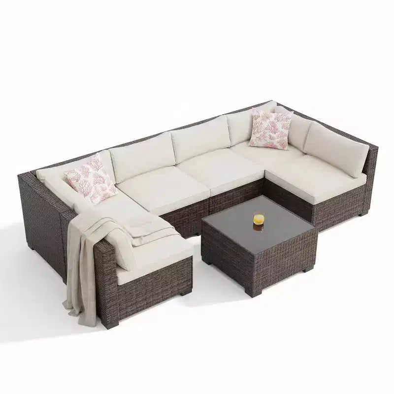 Ensemble de canapé d'angle de terrasse 7 pièces - Cadre en fer, osier tressé dégradé marron, coussins beiges - Salon de jardin d'extérieur avec table de rangement et pouf