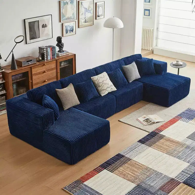 MAYEERTY Blue Flannel U-Shaped Modular Sectional Sofa High-Density Foam with Throw Pillows