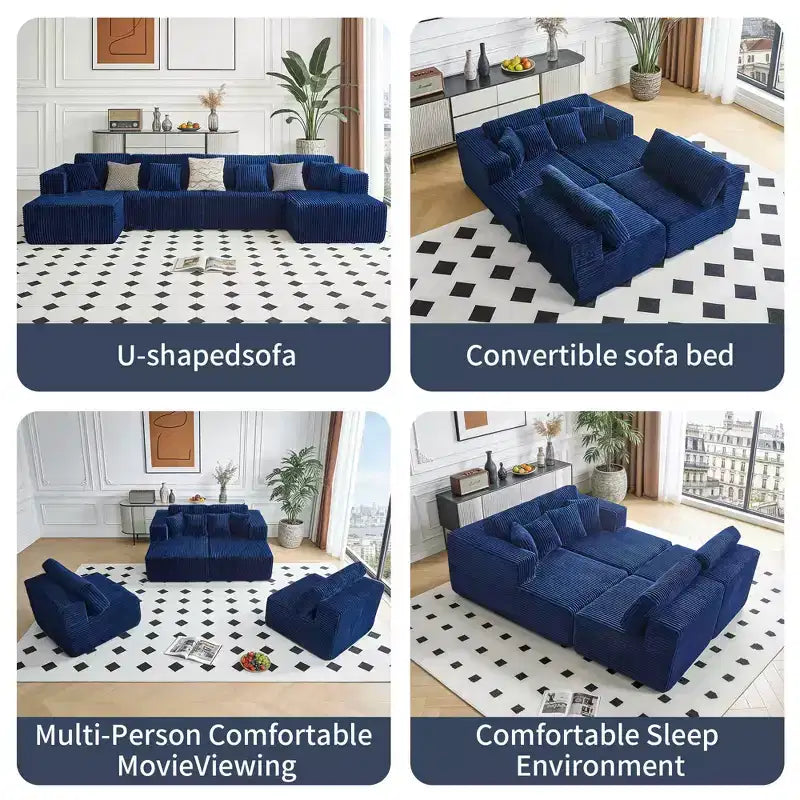 MAYEERTY Blue Flannel U-Shaped Modular Sectional Sofa High-Density Foam with Throw Pillows