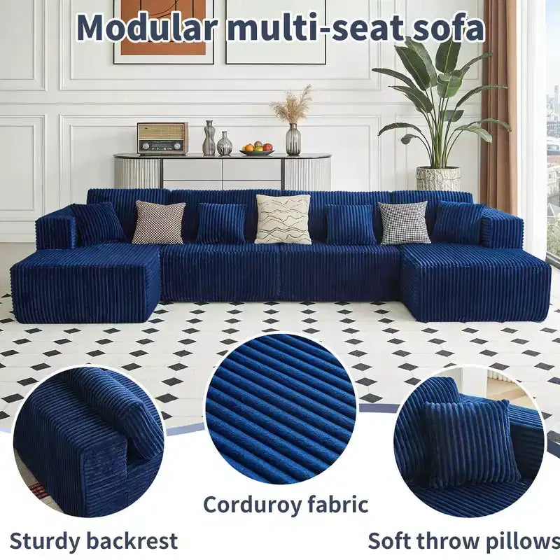 MAYEERTY Blue Flannel U-Shaped Modular Sectional Sofa High-Density Foam with Throw Pillows