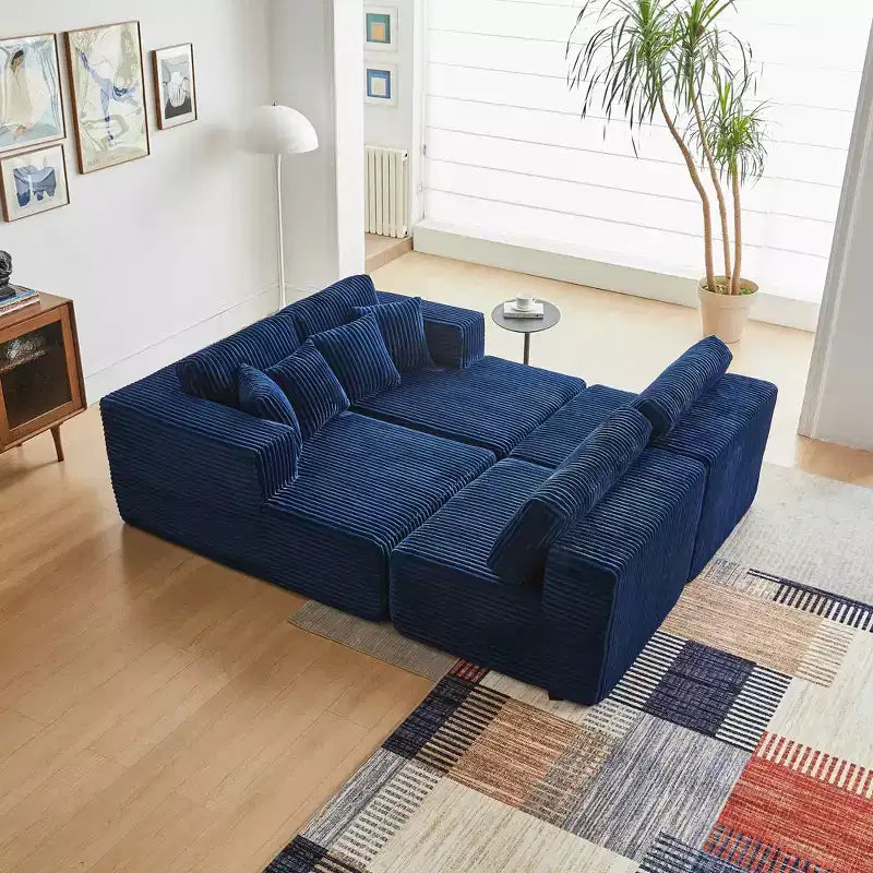 MAYEERTY Blue Flannel U-Shaped Modular Sectional Sofa High-Density Foam with Throw Pillows