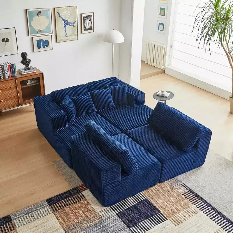 MAYEERTY Blue Flannel U-Shaped Modular Sectional Sofa High-Density Foam with Throw Pillows