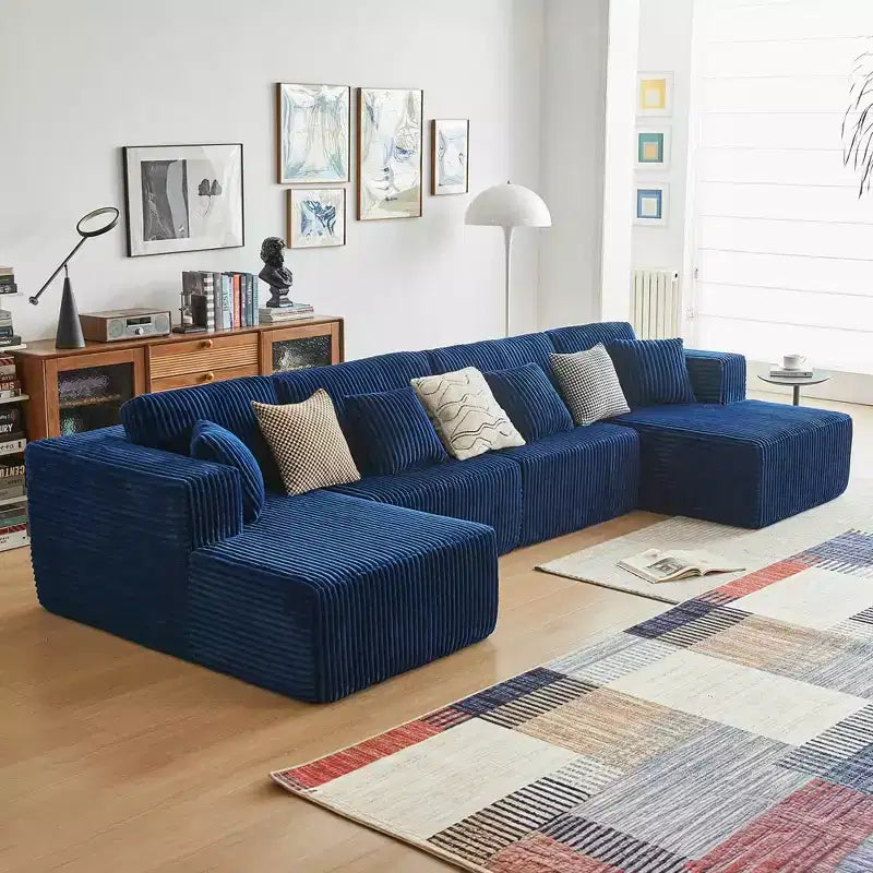 MAYEERTY Blue Flannel U-Shaped Modular Sectional Sofa High-Density Foam with Throw Pillows