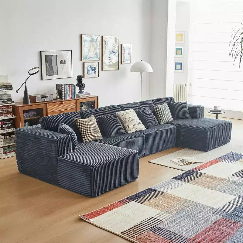 MAYEERTY Blue Flannel U-Shaped Modular Sectional Sofa High-Density Foam with Throw Pillows