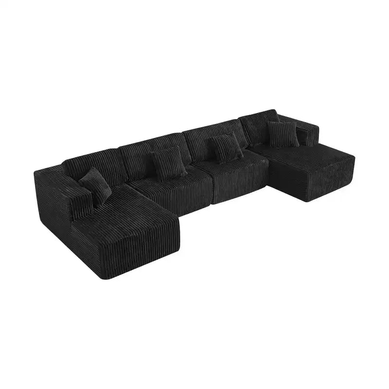 MAYEERTY Blue Flannel U-Shaped Modular Sectional Sofa High-Density Foam with Throw Pillows