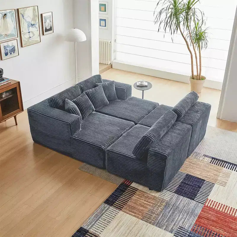 MAYEERTY Blue Flannel U-Shaped Modular Sectional Sofa High-Density Foam with Throw Pillows