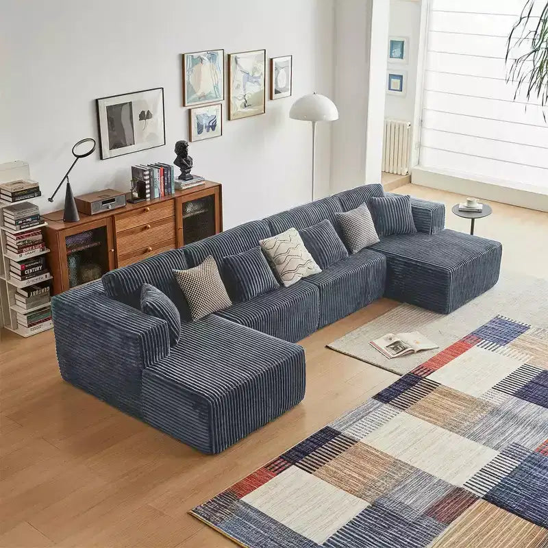 MAYEERTY Blue Flannel U-Shaped Modular Sectional Sofa High-Density Foam with Throw Pillows