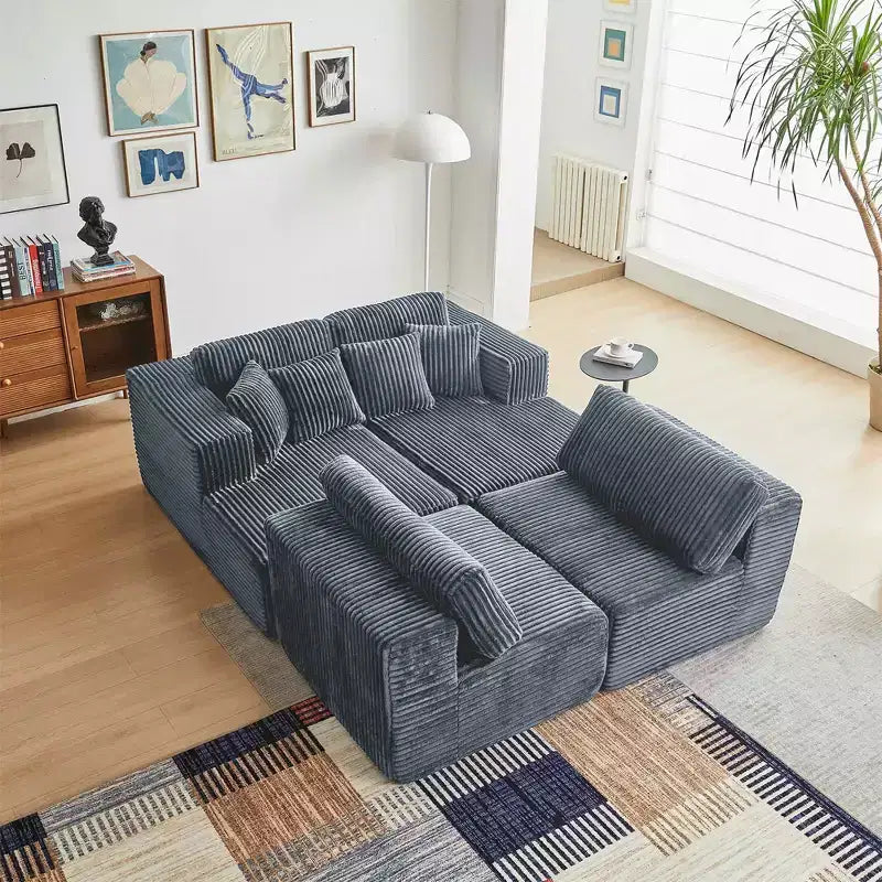 MAYEERTY Blue Flannel U-Shaped Modular Sectional Sofa High-Density Foam with Throw Pillows