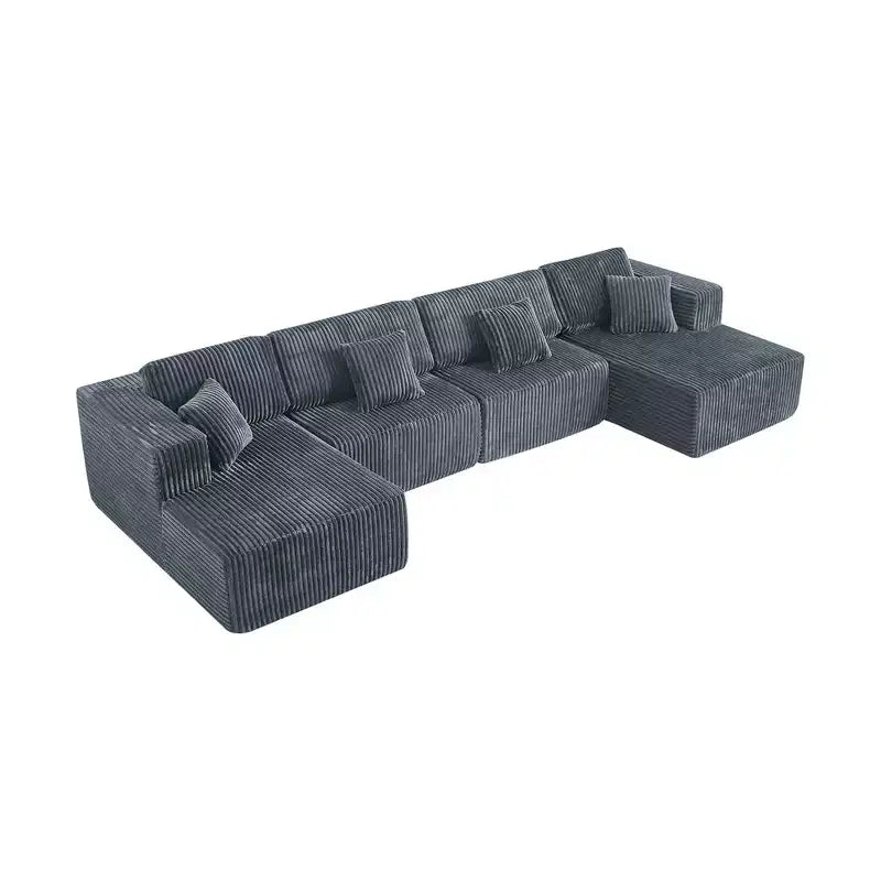 MAYEERTY Blue Flannel U-Shaped Modular Sectional Sofa High-Density Foam with Throw Pillows