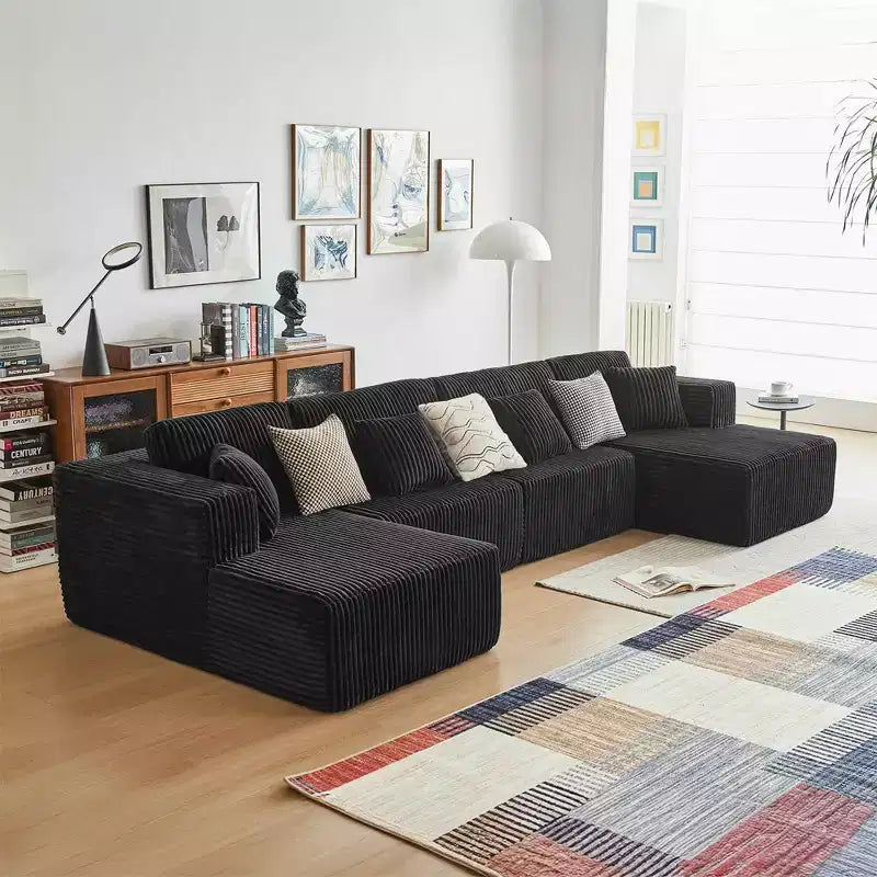 MAYEERTY Blue Flannel U-Shaped Modular Sectional Sofa High-Density Foam with Throw Pillows
