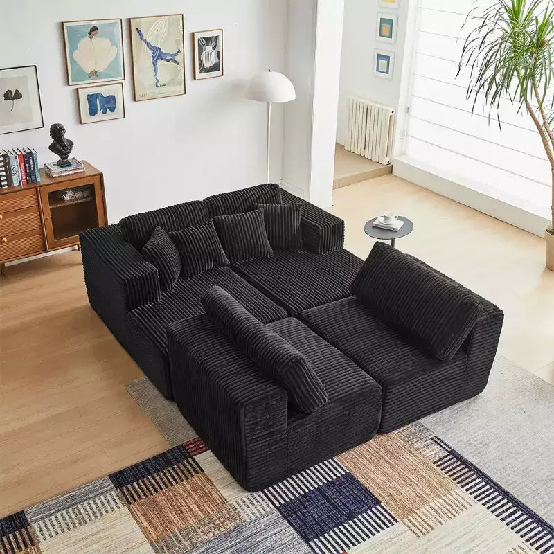 MAYEERTY Blue Flannel U-Shaped Modular Sectional Sofa High-Density Foam with Throw Pillows
