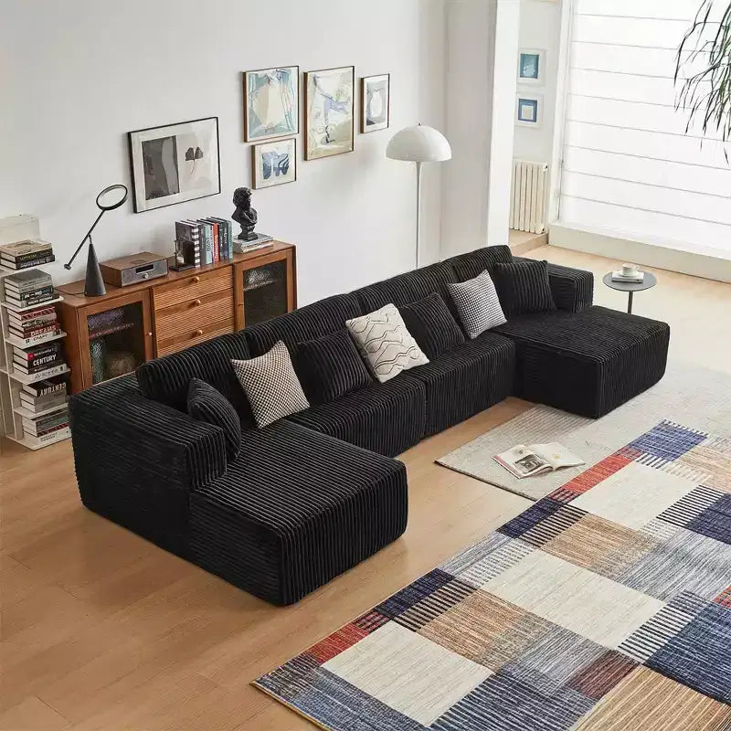MAYEERTY Blue Flannel U-Shaped Modular Sectional Sofa High-Density Foam with Throw Pillows