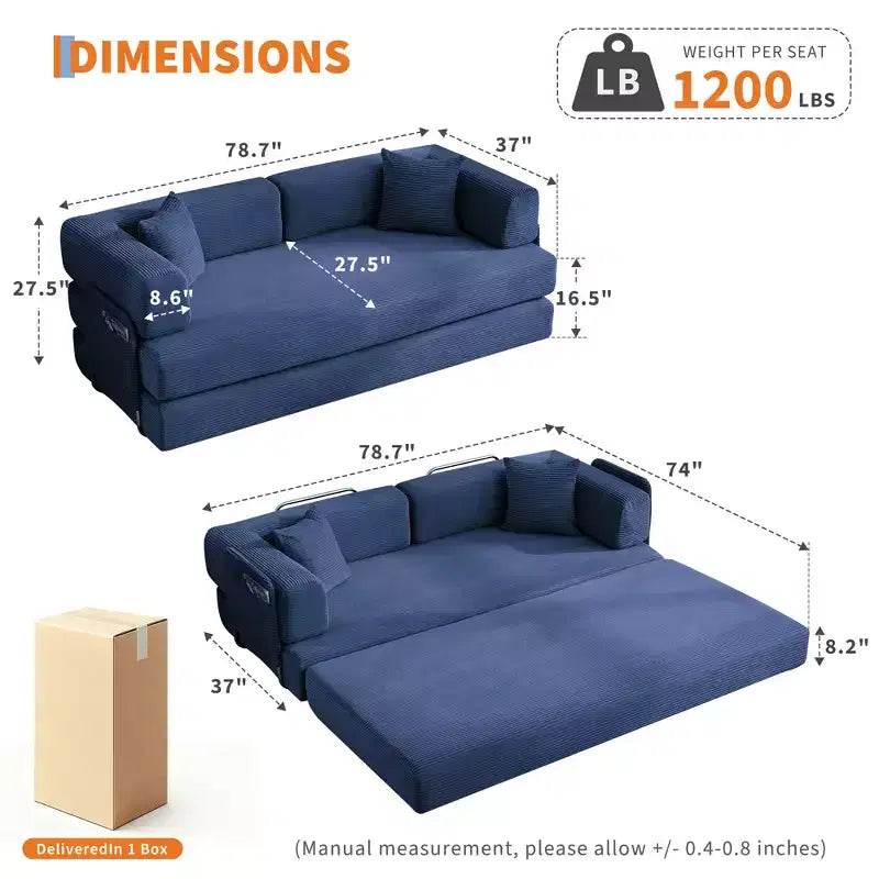 5-in-1 Convertible Corduroy Sofa Bed w/ Pillows, 79 Folding Futon Sleeper Couch w/ Fixed Frame & Removable Armrests for Small Space, No Assembly