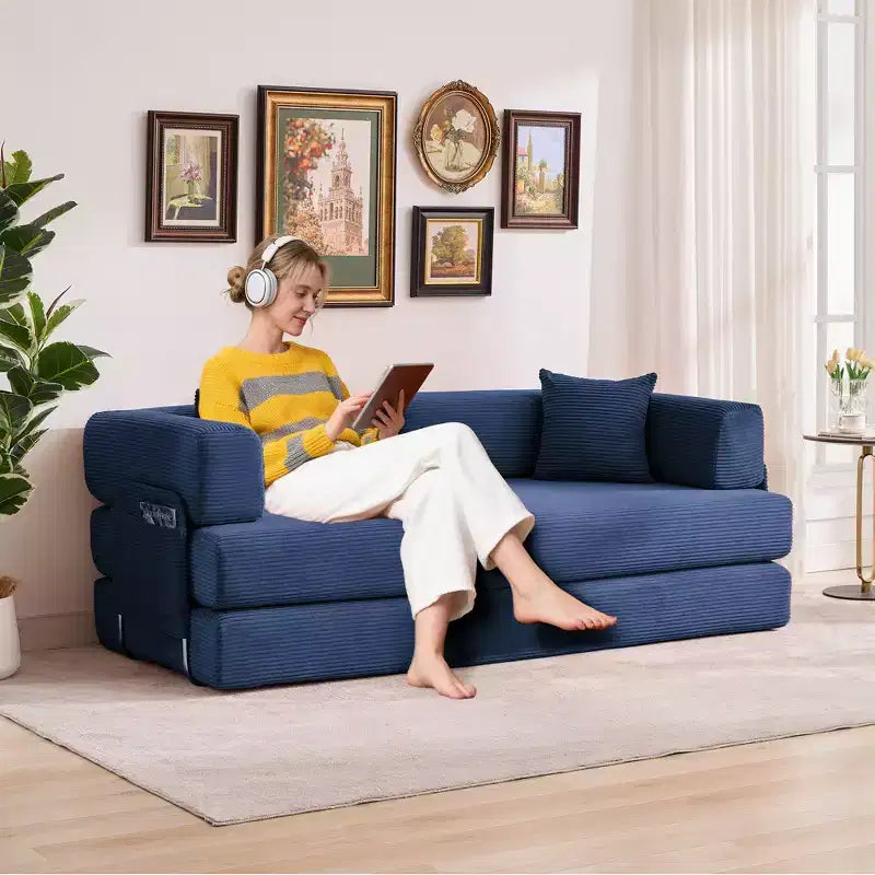 5-in-1 Convertible Corduroy Sofa Bed w/ Pillows, 79 Folding Futon Sleeper Couch w/ Fixed Frame & Removable Armrests for Small Space, No Assembly