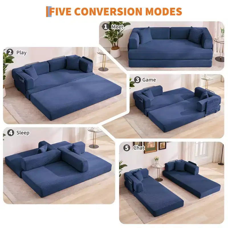 5-in-1 Convertible Corduroy Sofa Bed w/ Pillows, 79 Folding Futon Sleeper Couch w/ Fixed Frame & Removable Armrests for Small Space, No Assembly