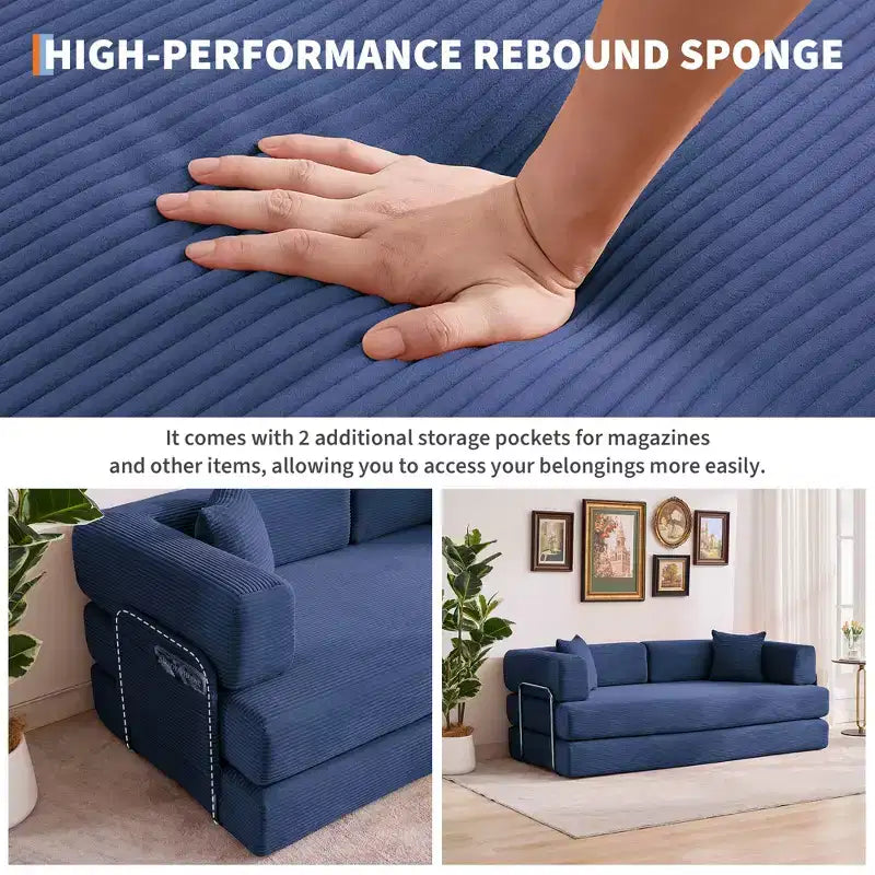 5-in-1 Convertible Corduroy Sofa Bed w/ Pillows, 79 Folding Futon Sleeper Couch w/ Fixed Frame & Removable Armrests for Small Space, No Assembly