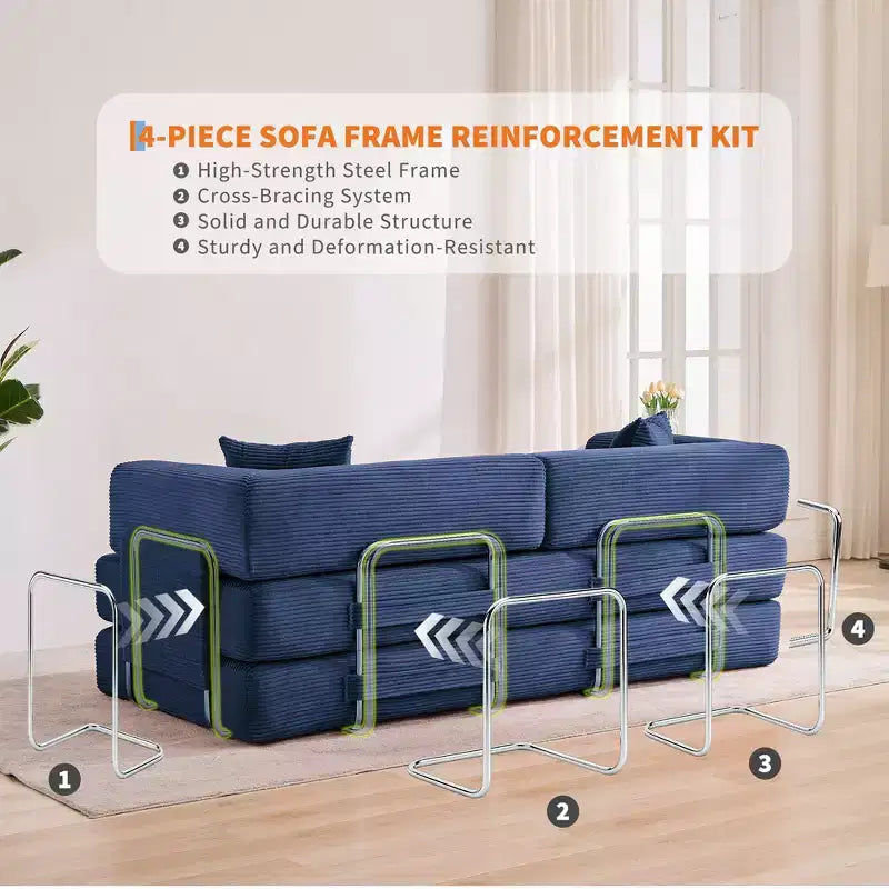 5-in-1 Convertible Corduroy Sofa Bed w/ Pillows, 79 Folding Futon Sleeper Couch w/ Fixed Frame & Removable Armrests for Small Space, No Assembly