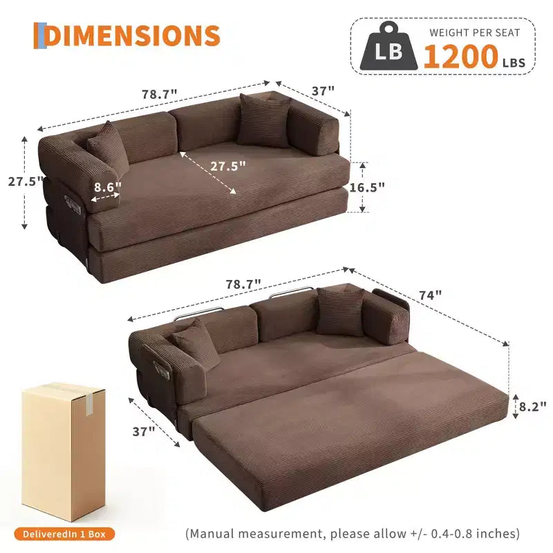 5-in-1 Convertible Corduroy Sofa Bed w/ Pillows, 79 Folding Futon Sleeper Couch w/ Fixed Frame & Removable Armrests for Small Space, No Assembly