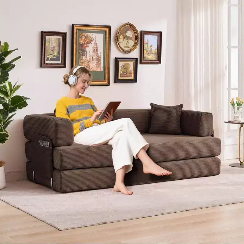 5-in-1 Convertible Corduroy Sofa Bed w/ Pillows, 79 Folding Futon Sleeper Couch w/ Fixed Frame & Removable Armrests for Small Space, No Assembly