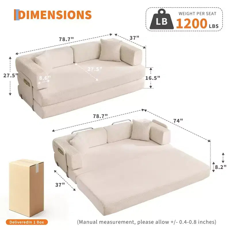 5-in-1 Convertible Corduroy Sofa Bed w/ Pillows, 79 Folding Futon Sleeper Couch w/ Fixed Frame & Removable Armrests for Small Space, No Assembly