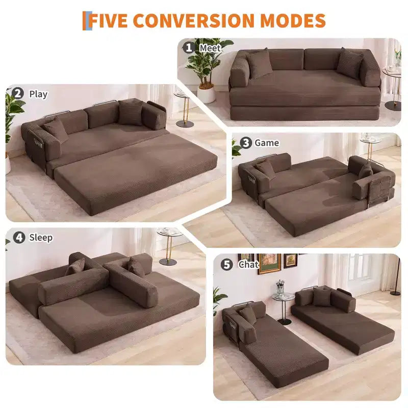 5-in-1 Convertible Corduroy Sofa Bed w/ Pillows, 79 Folding Futon Sleeper Couch w/ Fixed Frame & Removable Armrests for Small Space, No Assembly