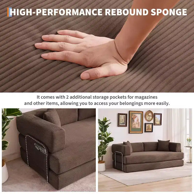 5-in-1 Convertible Corduroy Sofa Bed w/ Pillows, 79 Folding Futon Sleeper Couch w/ Fixed Frame & Removable Armrests for Small Space, No Assembly