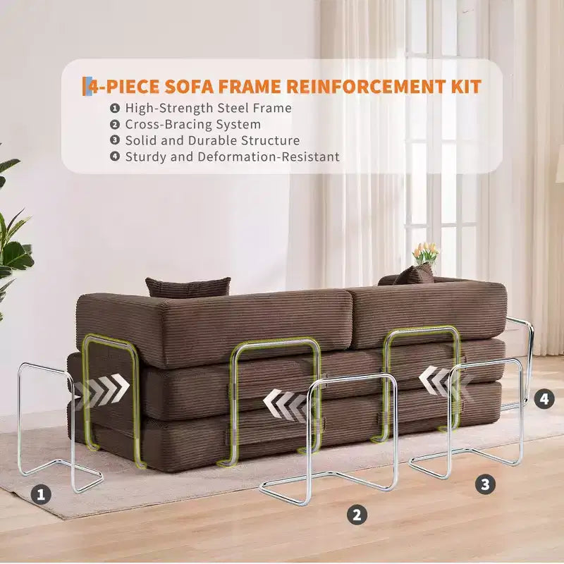 5-in-1 Convertible Corduroy Sofa Bed w/ Pillows, 79 Folding Futon Sleeper Couch w/ Fixed Frame & Removable Armrests for Small Space, No Assembly