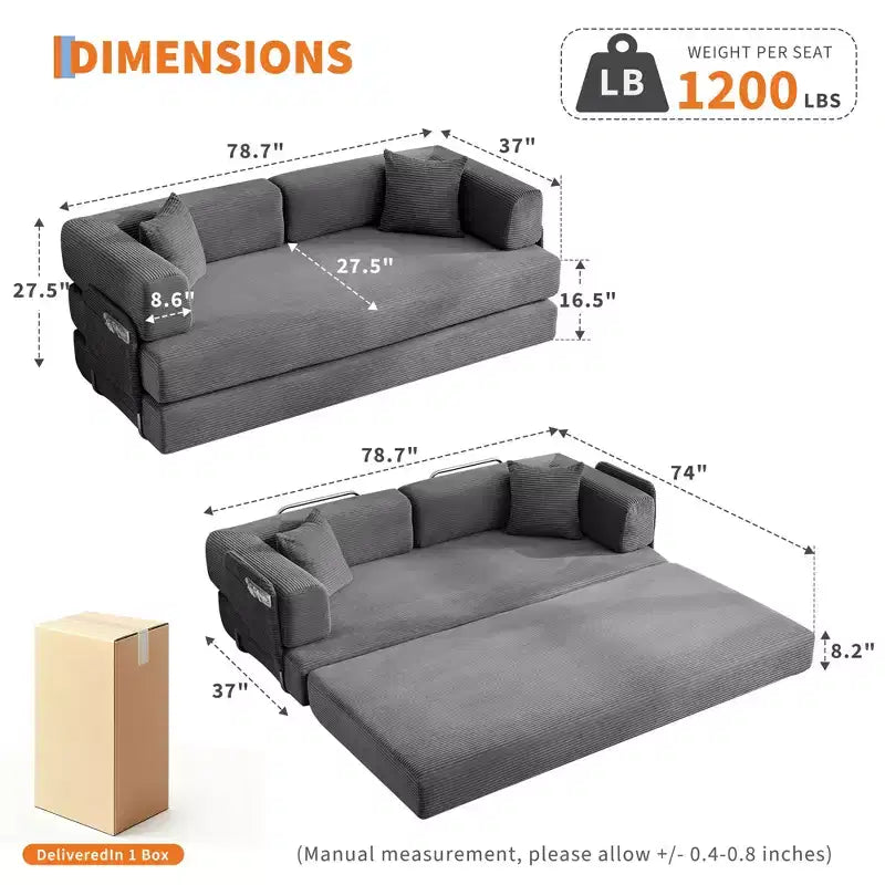 5-in-1 Convertible Corduroy Sofa Bed w/ Pillows, 79 Folding Futon Sleeper Couch w/ Fixed Frame & Removable Armrests for Small Space, No Assembly