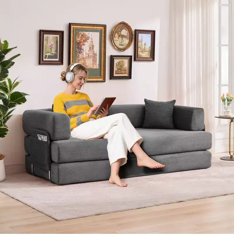 5-in-1 Convertible Corduroy Sofa Bed w/ Pillows, 79 Folding Futon Sleeper Couch w/ Fixed Frame & Removable Armrests for Small Space, No Assembly