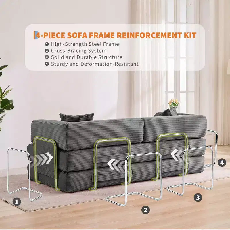 5-in-1 Convertible Corduroy Sofa Bed w/ Pillows, 79 Folding Futon Sleeper Couch w/ Fixed Frame & Removable Armrests for Small Space, No Assembly