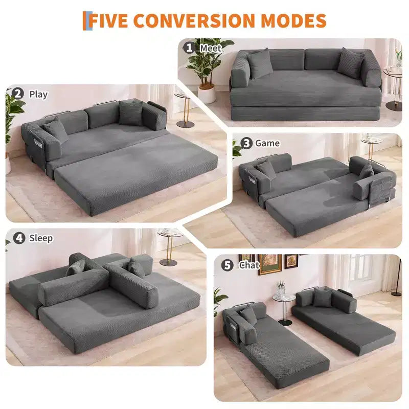 5-in-1 Convertible Corduroy Sofa Bed w/ Pillows, 79 Folding Futon Sleeper Couch w/ Fixed Frame & Removable Armrests for Small Space, No Assembly