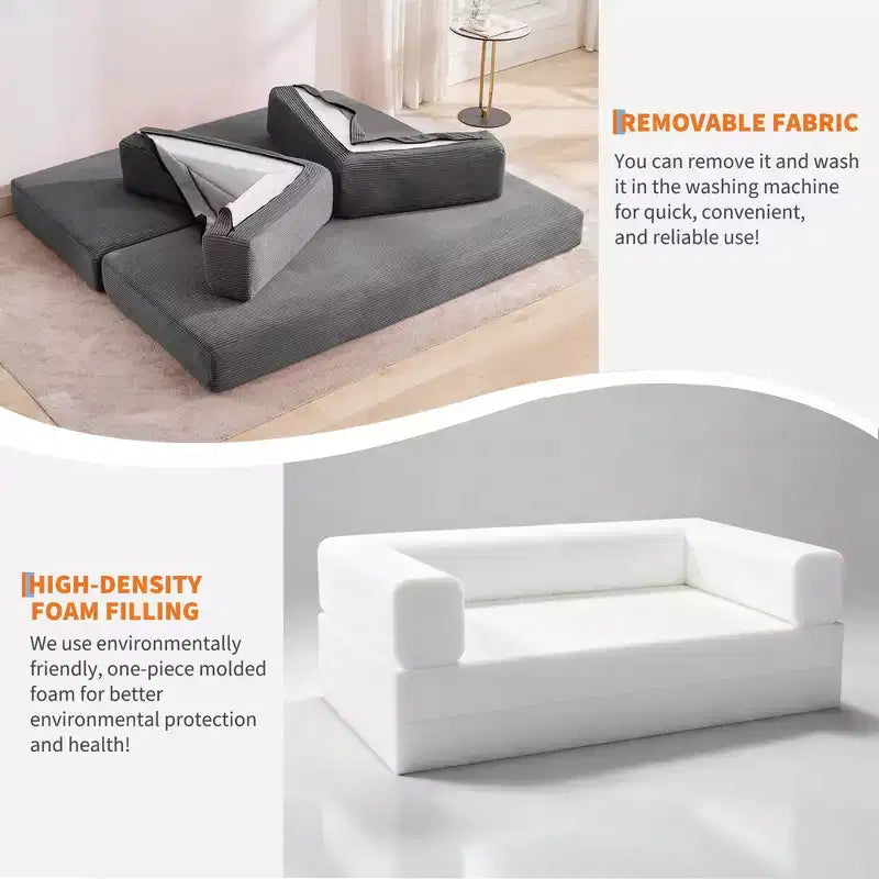 5-in-1 Convertible Corduroy Sofa Bed w/ Pillows, 79 Folding Futon Sleeper Couch w/ Fixed Frame & Removable Armrests for Small Space, No Assembly