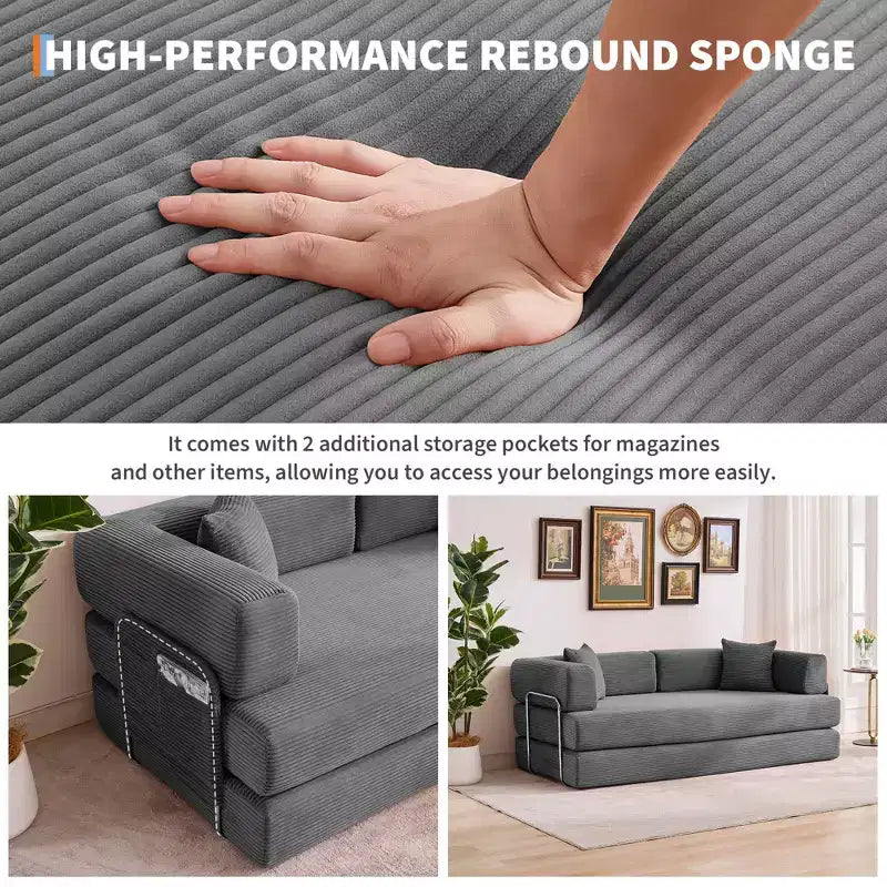 5-in-1 Convertible Corduroy Sofa Bed w/ Pillows, 79 Folding Futon Sleeper Couch w/ Fixed Frame & Removable Armrests for Small Space, No Assembly