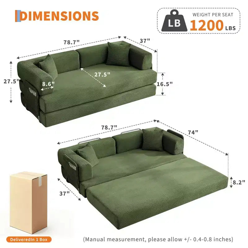 5-in-1 Convertible Corduroy Sofa Bed w/ Pillows, 79 Folding Futon Sleeper Couch w/ Fixed Frame & Removable Armrests for Small Space, No Assembly