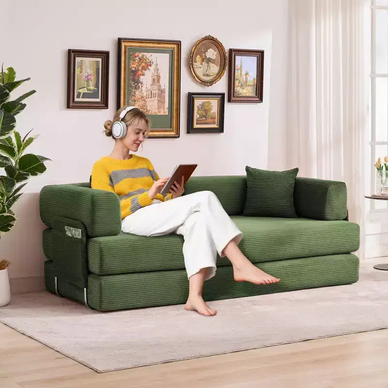5-in-1 Convertible Corduroy Sofa Bed w/ Pillows, 79 Folding Futon Sleeper Couch w/ Fixed Frame & Removable Armrests for Small Space, No Assembly