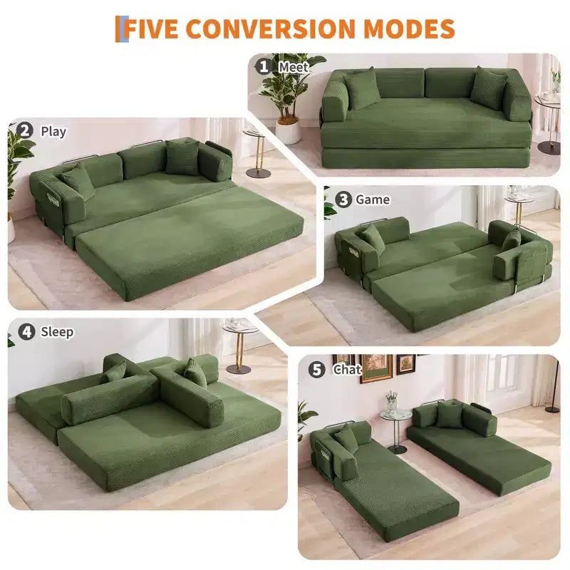 5-in-1 Convertible Corduroy Sofa Bed w/ Pillows, 79 Folding Futon Sleeper Couch w/ Fixed Frame & Removable Armrests for Small Space, No Assembly