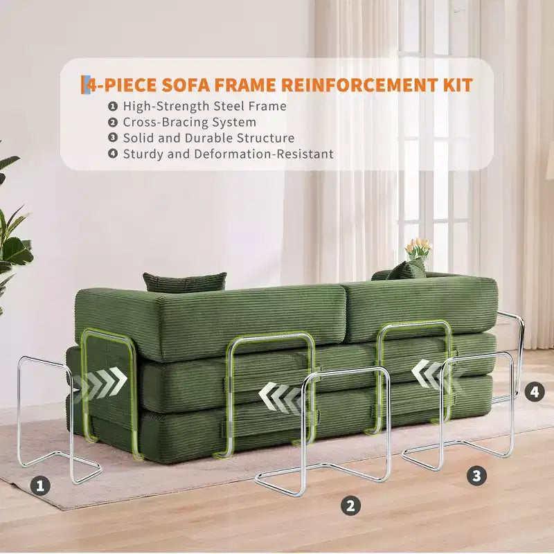 5-in-1 Convertible Corduroy Sofa Bed w/ Pillows, 79 Folding Futon Sleeper Couch w/ Fixed Frame & Removable Armrests for Small Space, No Assembly