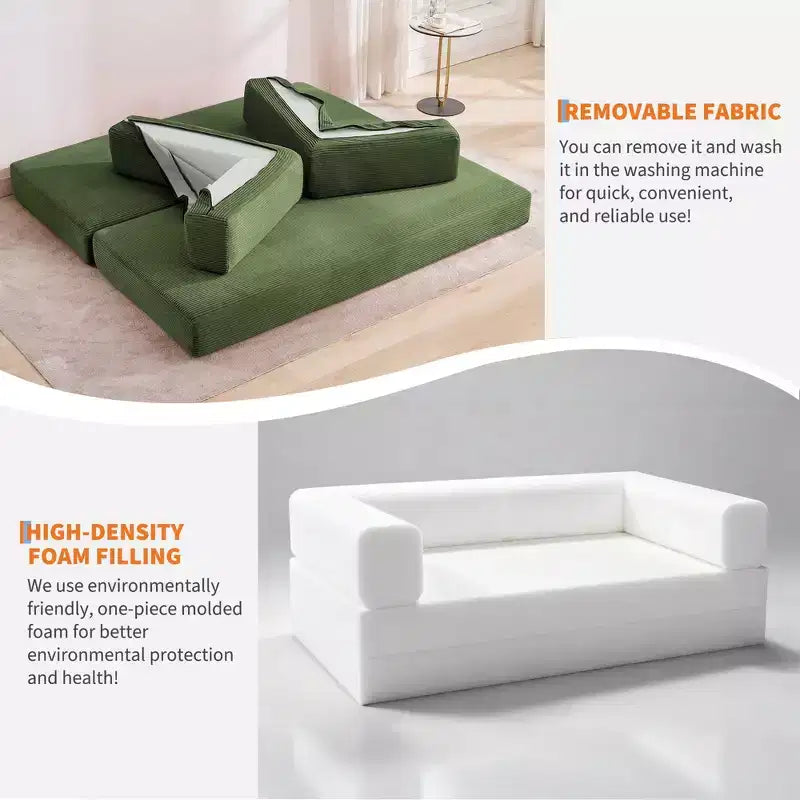 5-in-1 Convertible Corduroy Sofa Bed w/ Pillows, 79 Folding Futon Sleeper Couch w/ Fixed Frame & Removable Armrests for Small Space, No Assembly