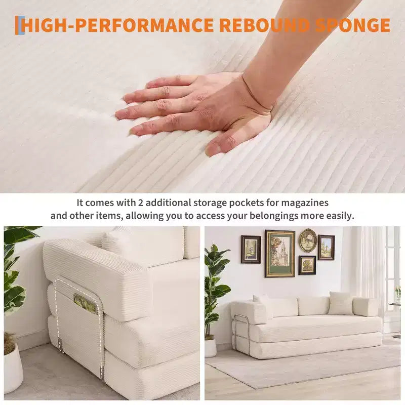 5-in-1 Convertible Corduroy Sofa Bed w/ Pillows, 79 Folding Futon Sleeper Couch w/ Fixed Frame & Removable Armrests for Small Space, No Assembly