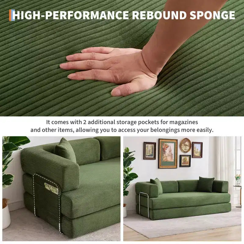 5-in-1 Convertible Corduroy Sofa Bed w/ Pillows, 79 Folding Futon Sleeper Couch w/ Fixed Frame & Removable Armrests for Small Space, No Assembly