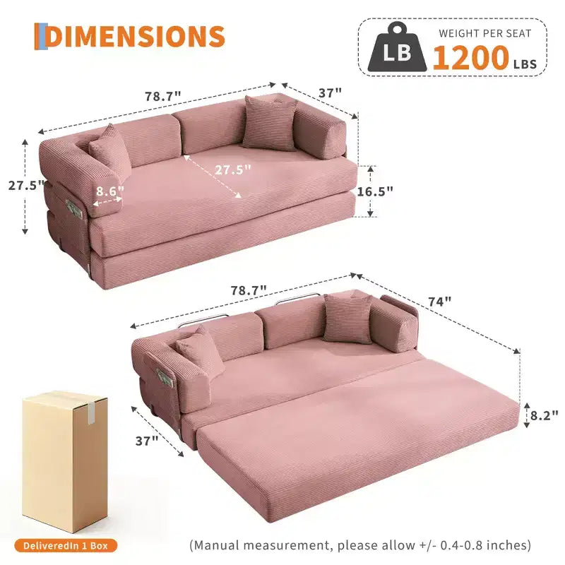 5-in-1 Convertible Corduroy Sofa Bed w/ Pillows, 79 Folding Futon Sleeper Couch w/ Fixed Frame & Removable Armrests for Small Space, No Assembly